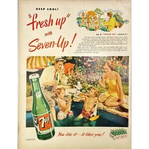 7UP "You Like it-It Likes You!" Family in pool Vintage Print Ad 1949